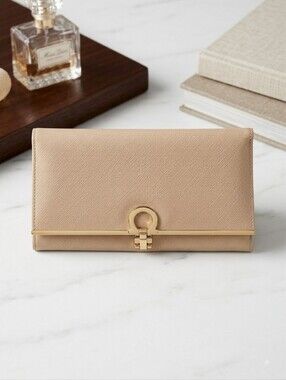 Salvatore Ferragamo Gancini Saffiano Leather Continental Wallet Beige Gold